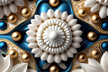 abstract blue, golden and white background with flowers and pearls. Generative AI