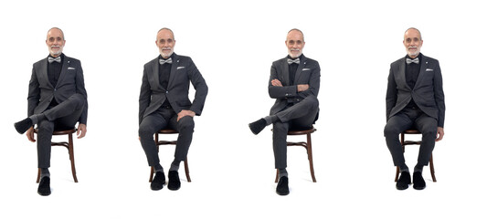 variouos poses of a group of same man sitting  on chair with suit and bow tie on white background