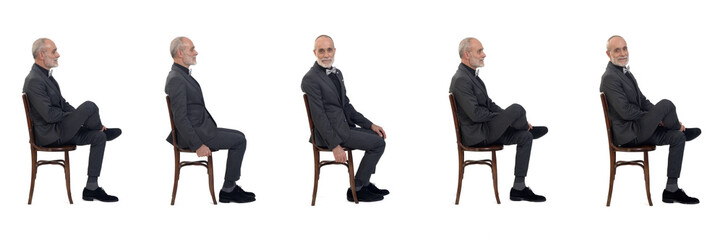 side view of a group of same man sitting  on chair with suit and bow tie on white background