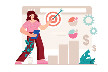 Business target pink concept with people scene in the flat cartoon style. Manager explains the plans and goals to be achieved regarding business development in the near future. Vector illustration.