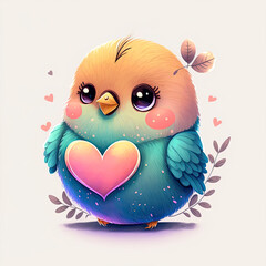Cute little bird with heart cartoon illustration, print for love concept, valentines day, mother day. Generative ai