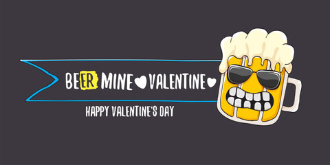 Beer mine valentines vector valentines greeting horizontal banner with beer glass cartoon character isolated on grey background. Vector adult valentines day party poster design template