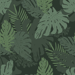 Naklejka na ściany i meble Seamless pattern deep green flat tropical leaves