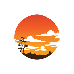 Fototapeta na wymiar landscape mountain view evening sun trees background design illustration coloring vector circle