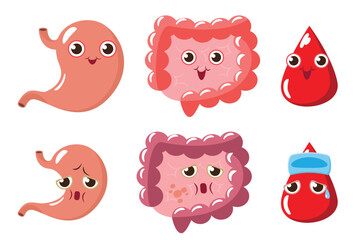 emotion cute stomach, intestine, blood vector illustration cartoon character, positive strong, happy, smile, negative bad, weak, sick, damage, hurt, cry, ache.