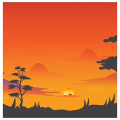 Naklejka na ściany i meble landscape mountain view evening sun trees background design illustration coloring vector