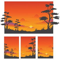 Fototapeta na wymiar landscape mountain view evening sun trees background design illustration coloring vector