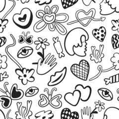 Fototapeten vector seamless pattern with simple doodles. love and relationships. stylish minimalist line pattern. romantic graphic background. Vector hearts, couples, flowers, plants, arrows. © Anna