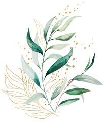 Bouquet made of green and golden watercolor eucalyptus leaves, wedding illustration © katrinshine