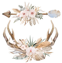  Watercolor arrow and deer antlers with tropical leaves and flowers bouquet, brown and beige Boho Wedding illustration © katrinshine
