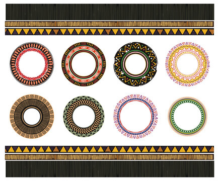 A set of African-style frame borders with copy space for your design. Vector illustration. Thick round border. A unique design for tribes' logos, badges, labels, or boho tattoos.