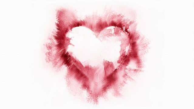Watercolour splashes heart on white paper background. Loop Animation.
