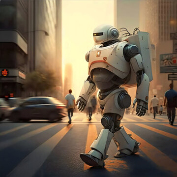 futuristic white robot walking across road in city,  generative ai