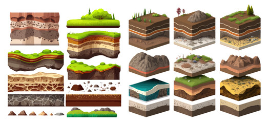 Soil ground or underground layers, grass, land and earth texture. Flat illustration isolated on white background