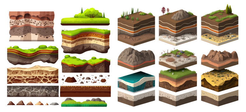 Soil ground or underground layers, grass, land and earth texture. Flat illustration isolated on white background