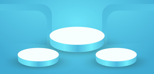 SET of three light blue 3Ds podium, stage display illuminated place for presentation of products with spotlight on the top