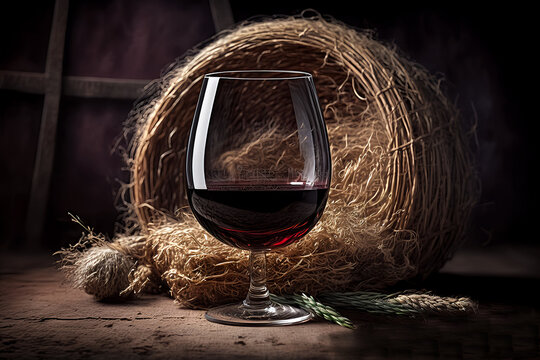 Red wine in a glass and hay