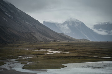 Panoramic landscape view of Akshayuk Pass, Auyuittuq National Park landscape view. Baffin Mountains