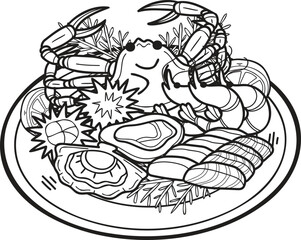 Hand Drawn seafood on plate illustration in doodle style