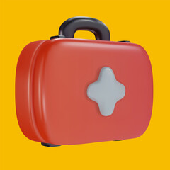 3d cartoon medical first aid kit in realistic funny colorful style. Render bright children toy object. Plastic cute glossy design element. Vector minimal illustration.