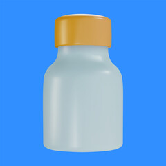 3d cartoon medical bottle with cap for pills, capsules or drugs in realistic funny colorful style. Render bright children toy object. Plastic cute glossy design element. Vector minimal illustration.