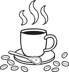 Hand Drawn Cup of hot coffee and coffee beans illustration in doodle style