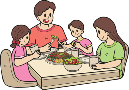 Hand Drawn family eating food on the table illustration in doodle style