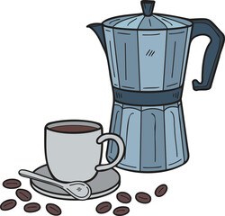 Hand Drawn Coffeemaker Moka pot and a cup of hot coffee illustration in doodle style
