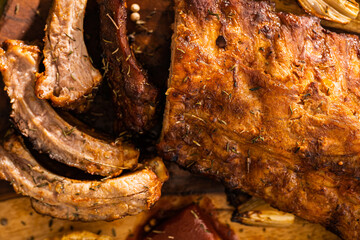 juicy hot grilled ribs from a summer barbecue in nature.