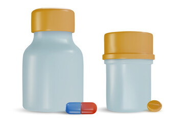 Set 3d cartoon medical bottle with cap for pills or drugs in realistic funny colorful style. Render bright children toy object. Plastic cute glossy design element. Vector minimal illustration.