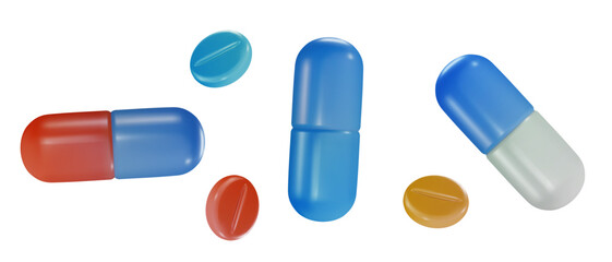 Set 3d cartoon medical pills, capsules or drugs in realistic funny colorful style. Render bright children toy object. Collection plastic cute glossy design element. Vector minimal illustration.