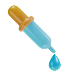 3d cartoon medical dropper with blue drop in realistic funny colorful style. Render bright children toy object. Plastic cute glossy design pipette. Vector minimal illustration.