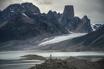 Iconic granite rock of Mt.Asgard towers in remote arctic valley of Akshayuk pass, Baffin Island,...