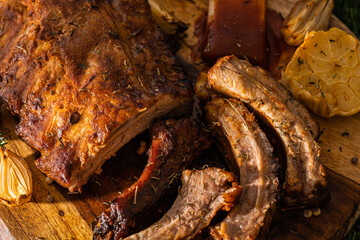 juicy hot grilled ribs from a summer barbecue in nature.