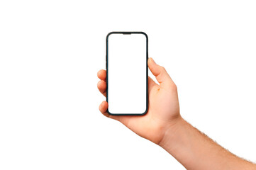Studio shot of a male hand holding phone with blank copy space white screen.