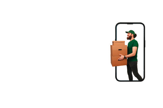 Young Bearded Delivery Man Holding Some Boxes Is Coming Out Of A Phone.