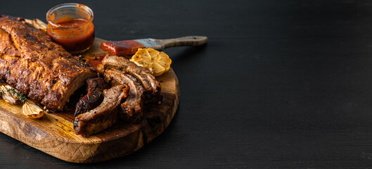 juicy hot grilled ribs from a summer barbecue in nature.