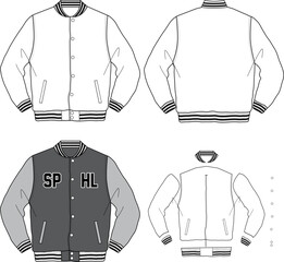 VARSITY JACKET SPORT TEAM JACKET FLAT MOCKUP FASHION DESIGN CAD TEMPLATE	