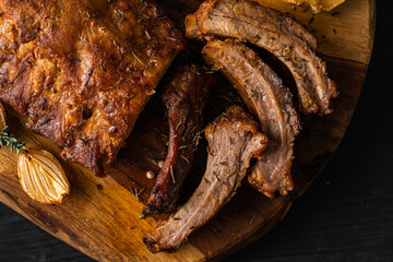 juicy hot grilled ribs from a summer barbecue in nature.