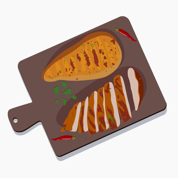 isolated image of grilled meat on cutting board. cut meat under the marinade. fillet fried with greens. color vector illustration in the style of semi-realism. 