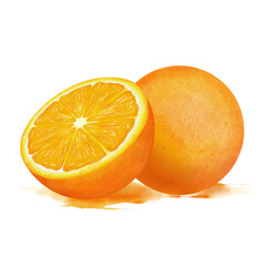 Oranges composition in watercolor. Fresh bright cut oranges in juicy drops. Design element isolated on white background.