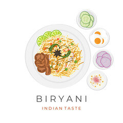 Meat Biryani Rice Vector Illustration Logo With Separate Side Dish And Sauce