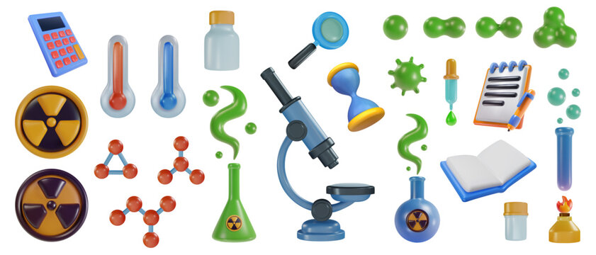 Set 3d cartoon science technology equipment tools in realistic funny colorful style. Render bright children toy object. Collection plastic cute glossy design element. Vector minimal illustration.