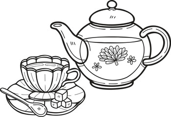 Hand Drawn English style tea set illustration in doodle style