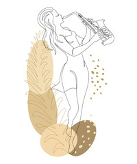 Silhouette of a beautiful woman playing the saxophone and leaves of a plant in a continuous modern style. Saxophonist girl. Aesthetic decor sketches, posters, stickers, logo. Vector illustration