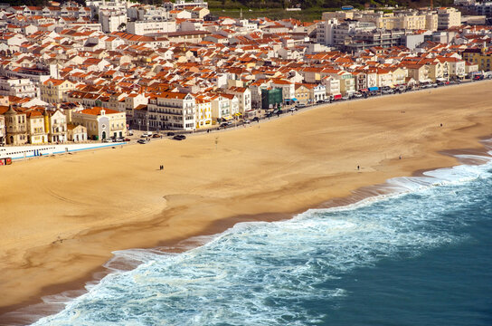 high point view of Nazare. Sand beach, sea, village Nazare, Portugal.