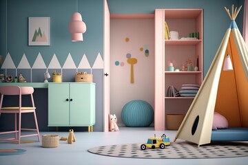 Children's room design. One style room. 3D render, 3D illustration.
