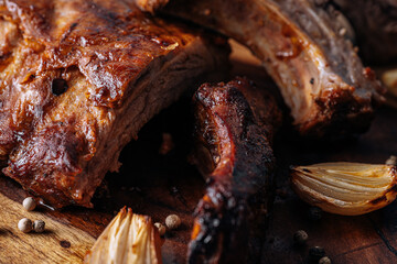 Smoked BBQ Ribs from a summer barbecue in nature.