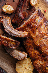 Smoked BBQ Ribs from a summer barbecue in nature.