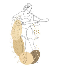Silhouette of a beautiful woman with a guitar and leaves of a plant in a modern style. Girl guitarist. Continuous line, decor outline, posters, stickers, logo. Vector illustration